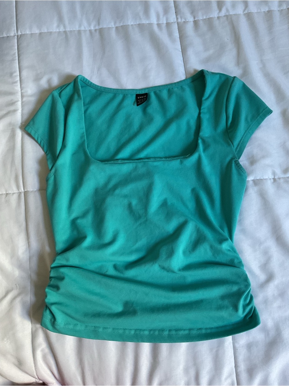 SHEIN Teal Square Neck Cap Sleeve Crop Top